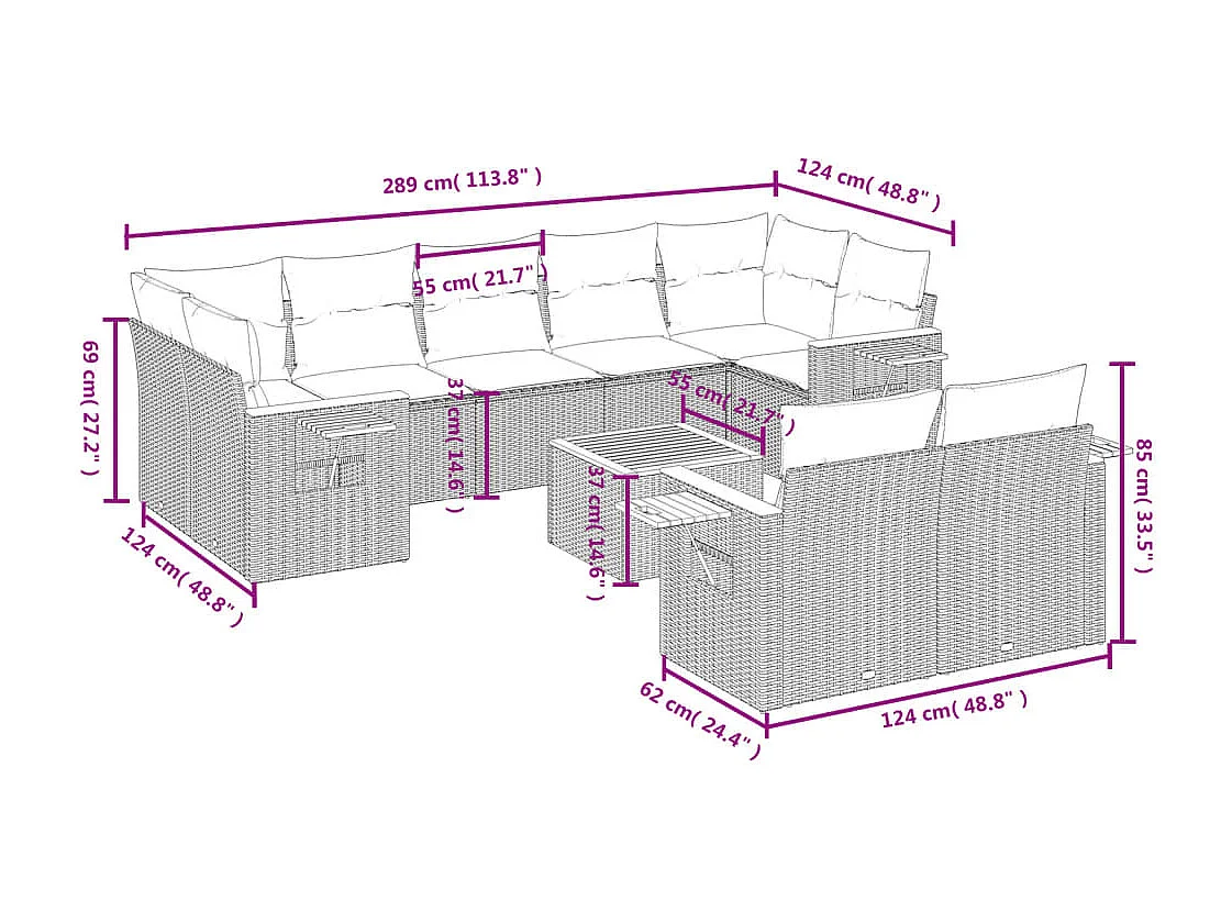 Salon de jardin 10 pcs avec coussins noir résine tressée