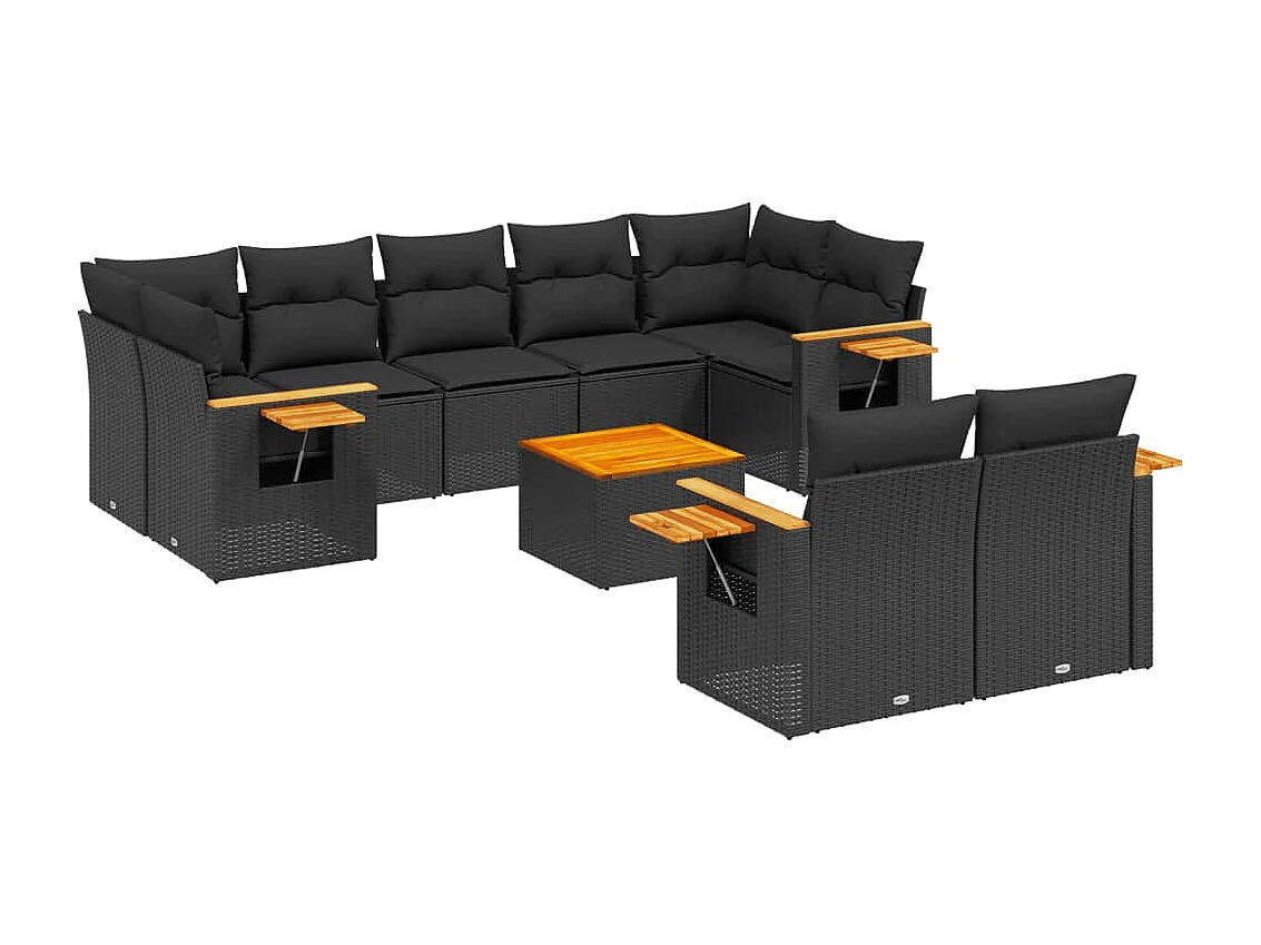 Salon de jardin 10 pcs avec coussins noir résine tressée