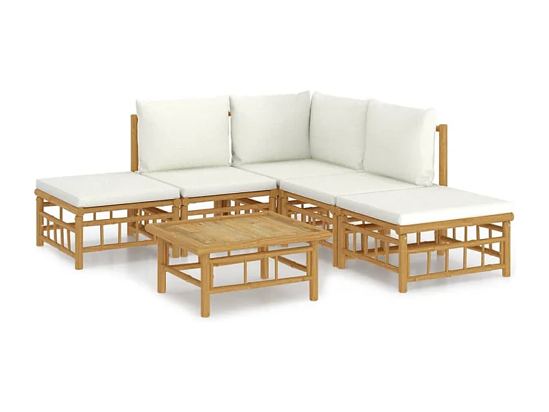 Salon de jardin 6 pcs avec coussins blanc crème bambou