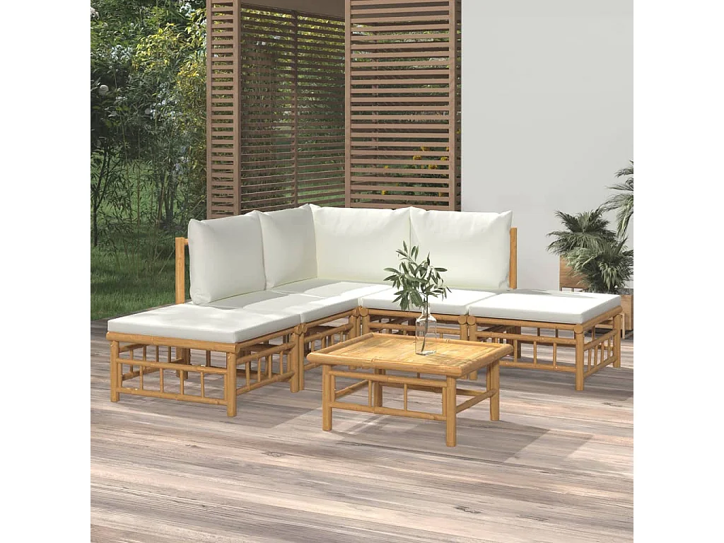 Salon de jardin 6 pcs avec coussins blanc crème bambou