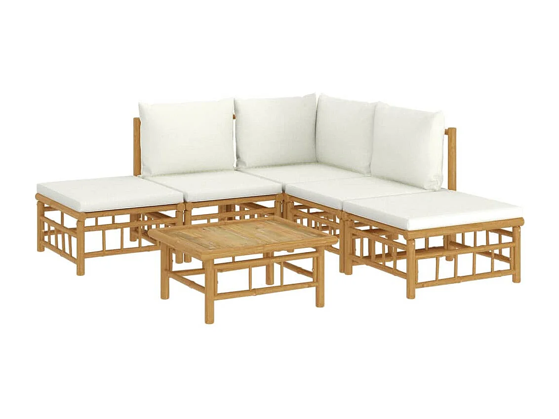 Salon de jardin 6 pcs avec coussins blanc crème bambou