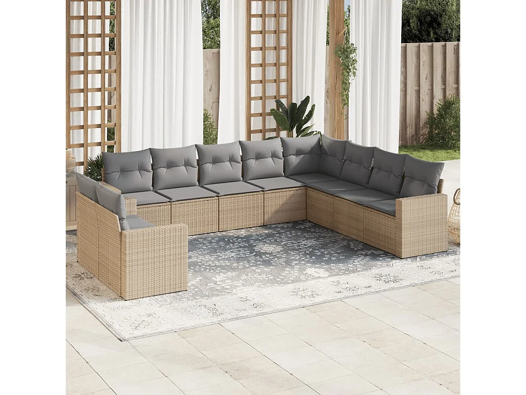 Salon de jardin avec coussins 10 pcs beige résine tressée