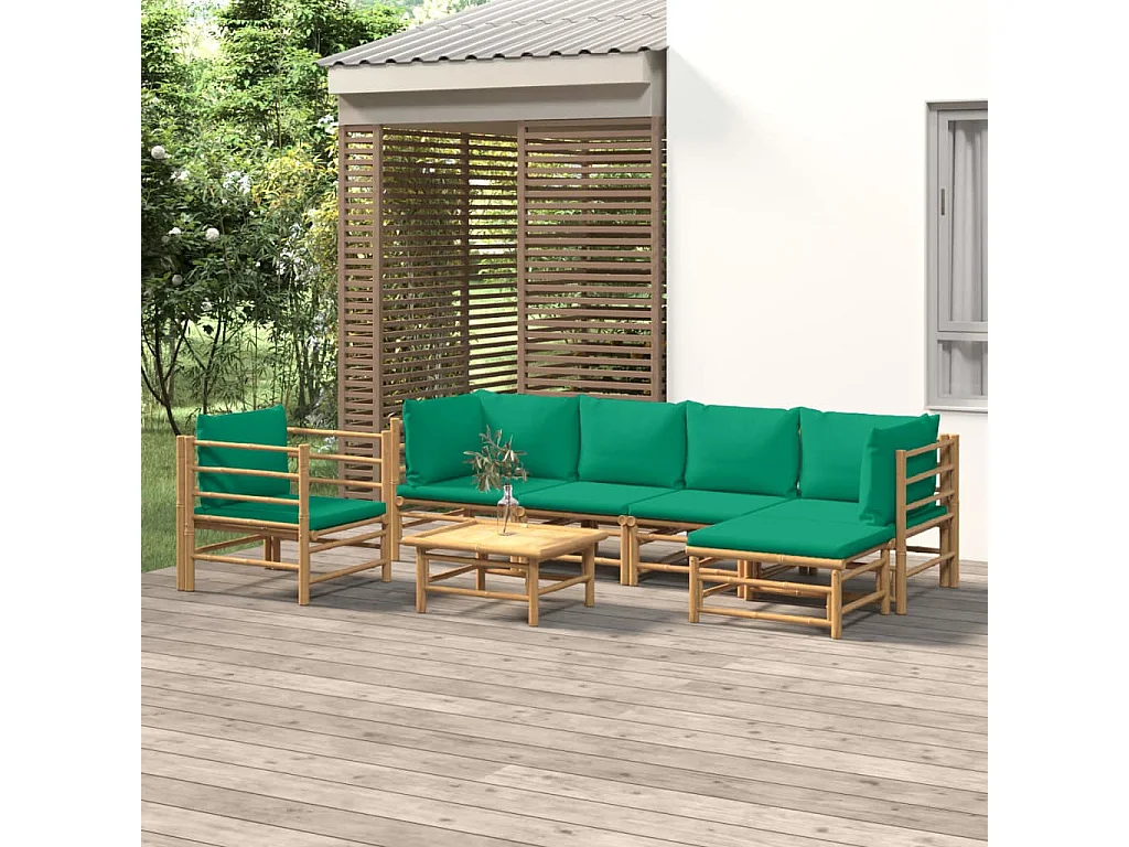 Salon de jardin 7 pcs avec coussins vert bambou
