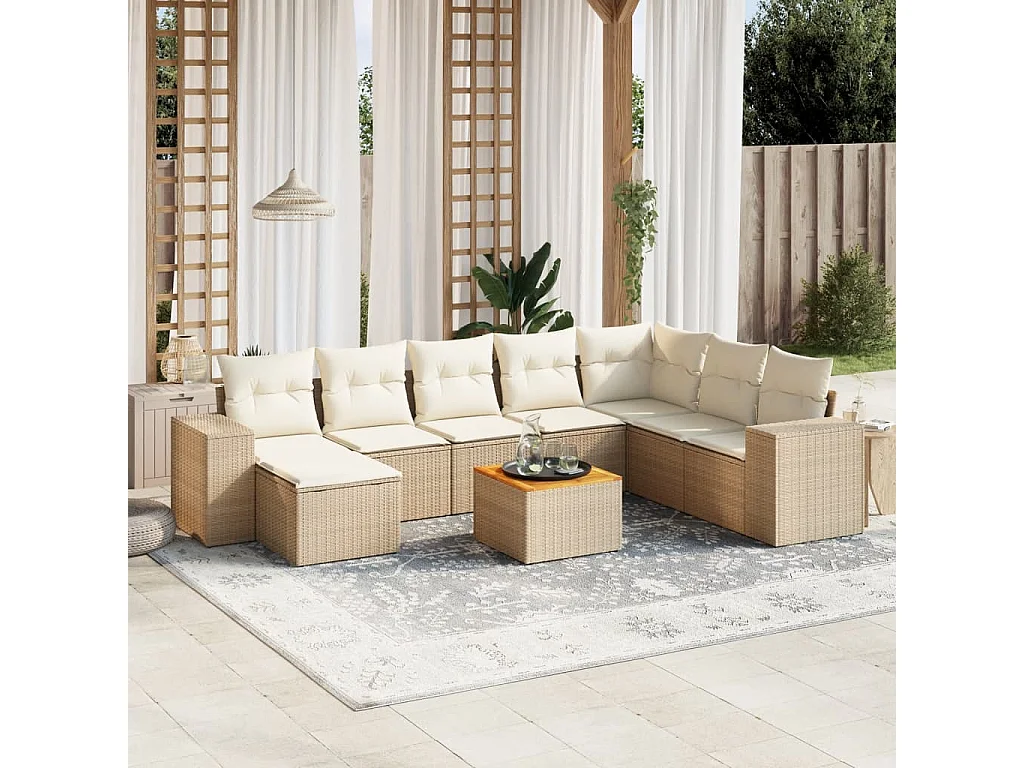 Salon de jardin avec coussins 9 pcs beige résine tressée