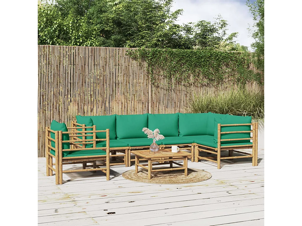 Salon de jardin 7 pcs avec coussins vert bambou