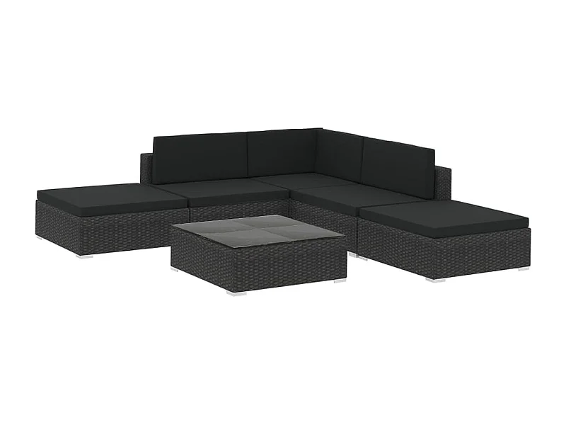 Salon de jardin 6 pcs avec coussins Résine tressée Noir