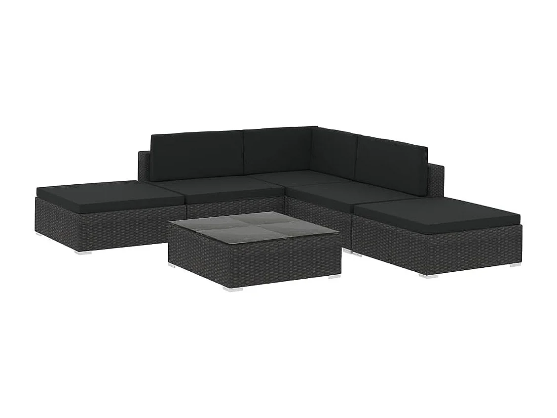 Salon de jardin 6 pcs avec coussins Résine tressée Noir