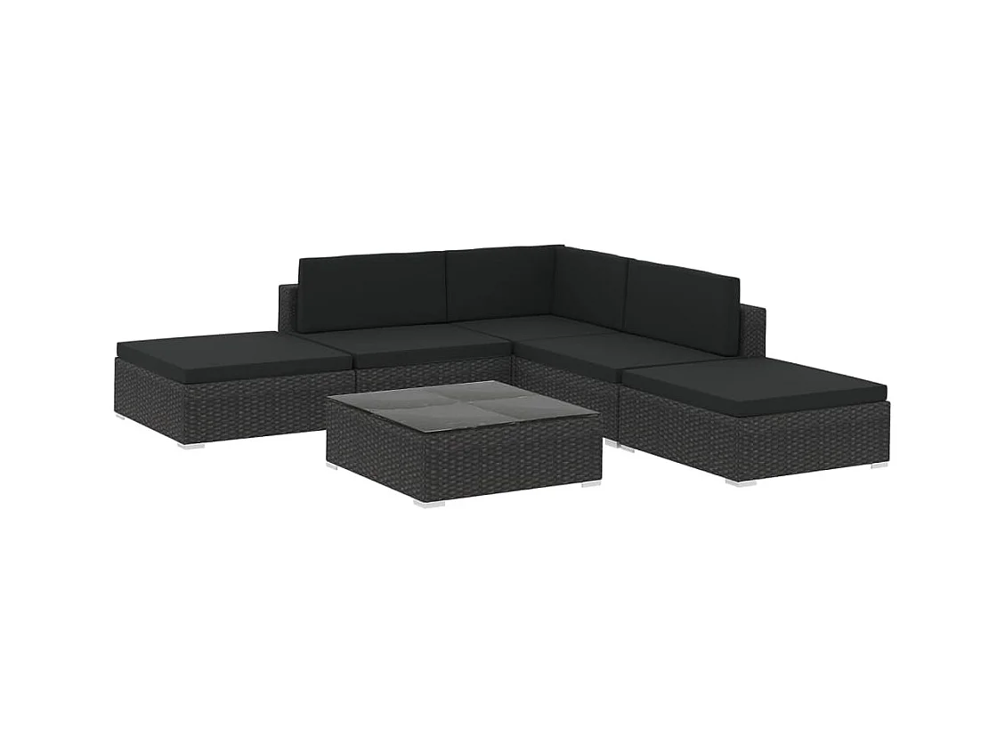 Salon de jardin 6 pcs avec coussins Résine tressée Noir