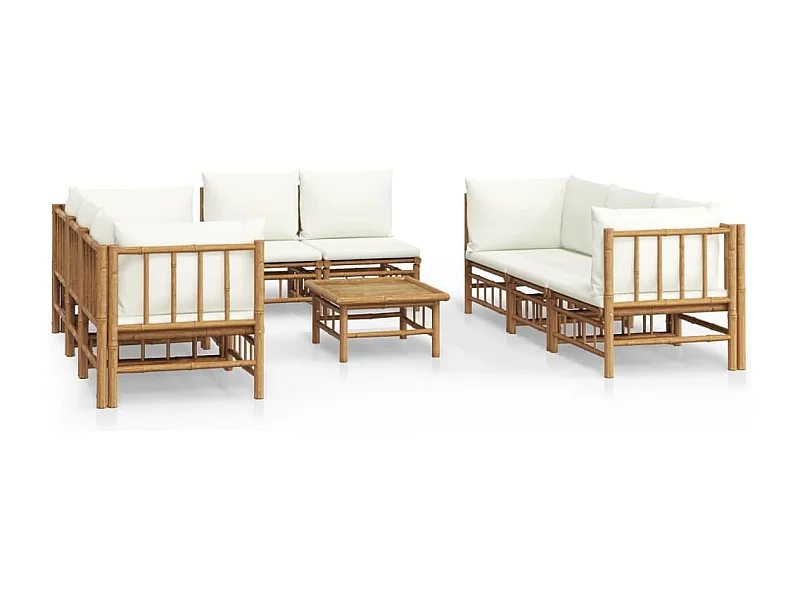 Salon de jardin 9 pcs avec coussins blanc crème bambou