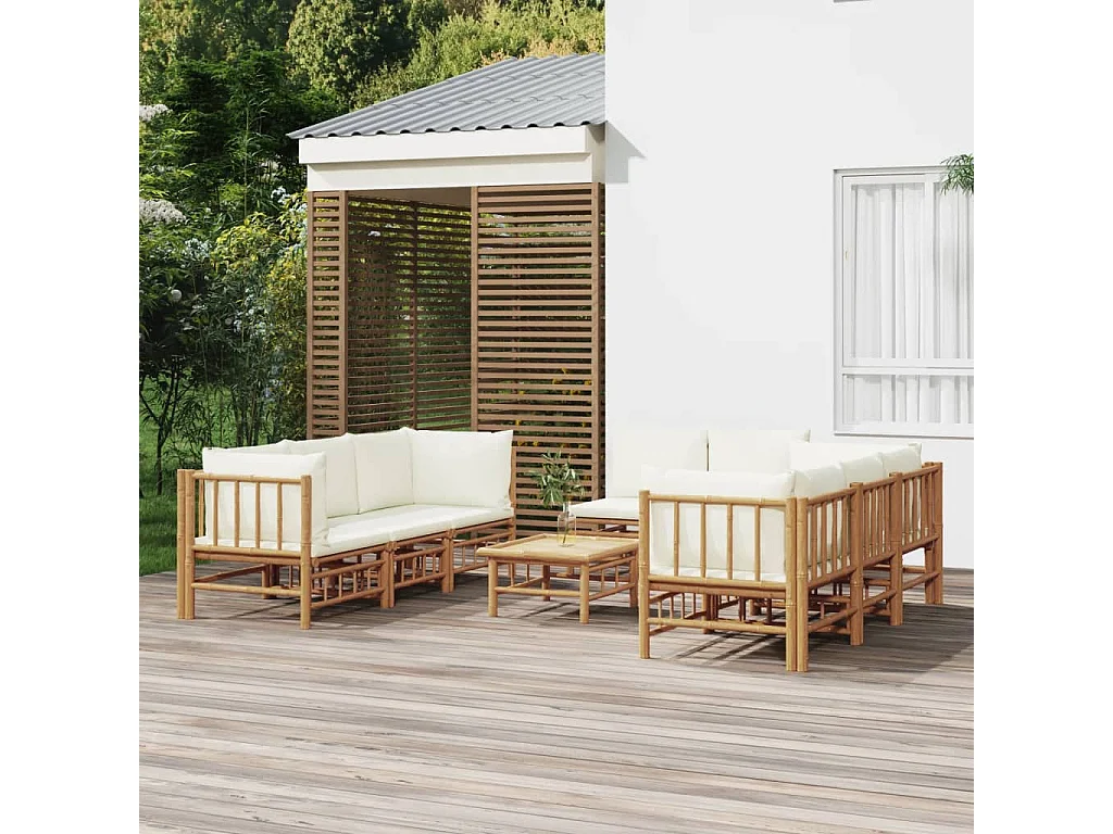 Salon de jardin 9 pcs avec coussins blanc crème bambou
