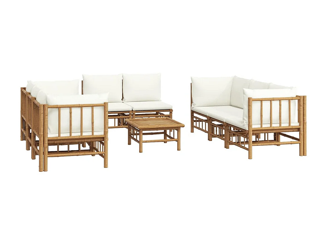 Salon de jardin 9 pcs avec coussins blanc crème bambou