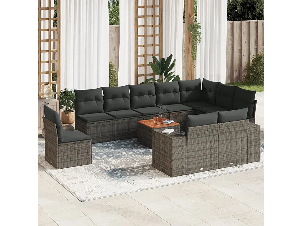 Salon de jardin 11 pcs avec coussins gris résine tressée