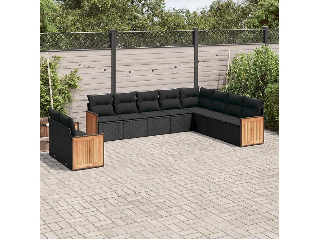 Salon de jardin 10 pcs avec coussins noir résine tressée