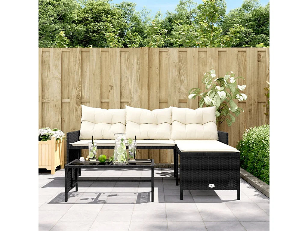 Canapé de jardin avec table et coussins en forme de L noir