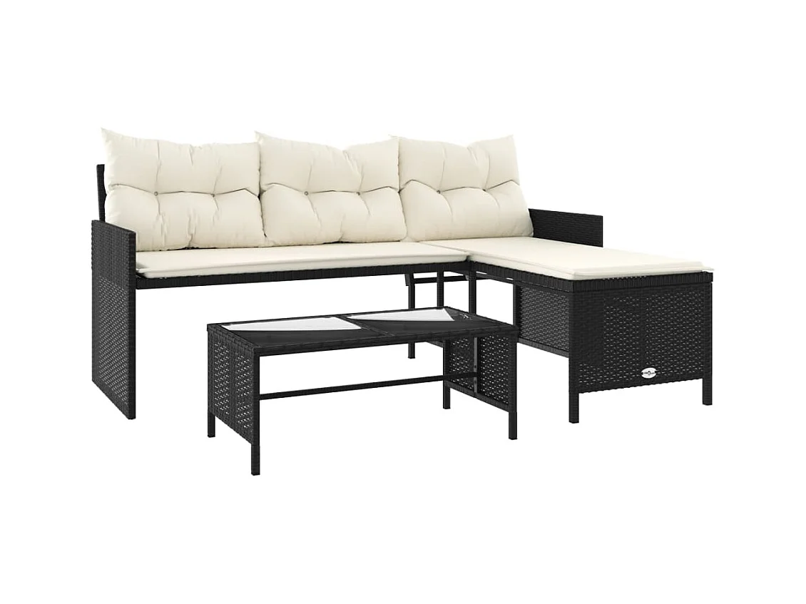 Canapé de jardin avec table et coussins en forme de L noir