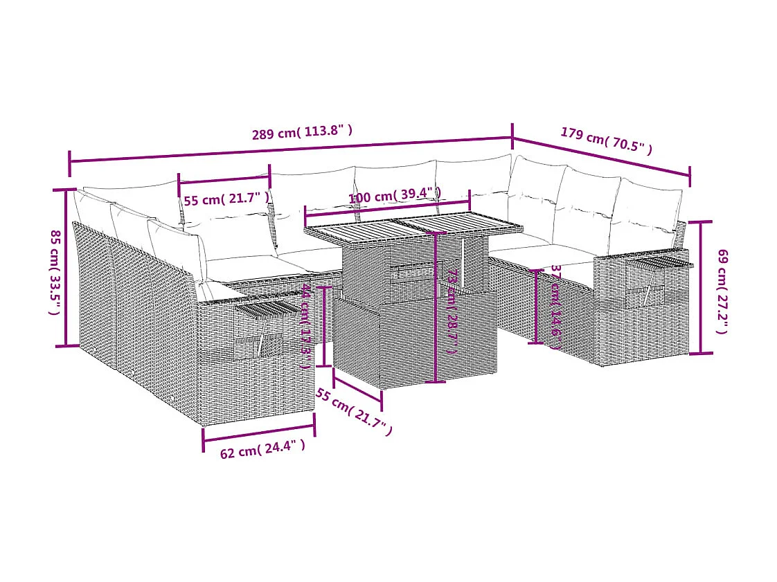 Salon de jardin 10 pcs avec coussins noir résine tressée
