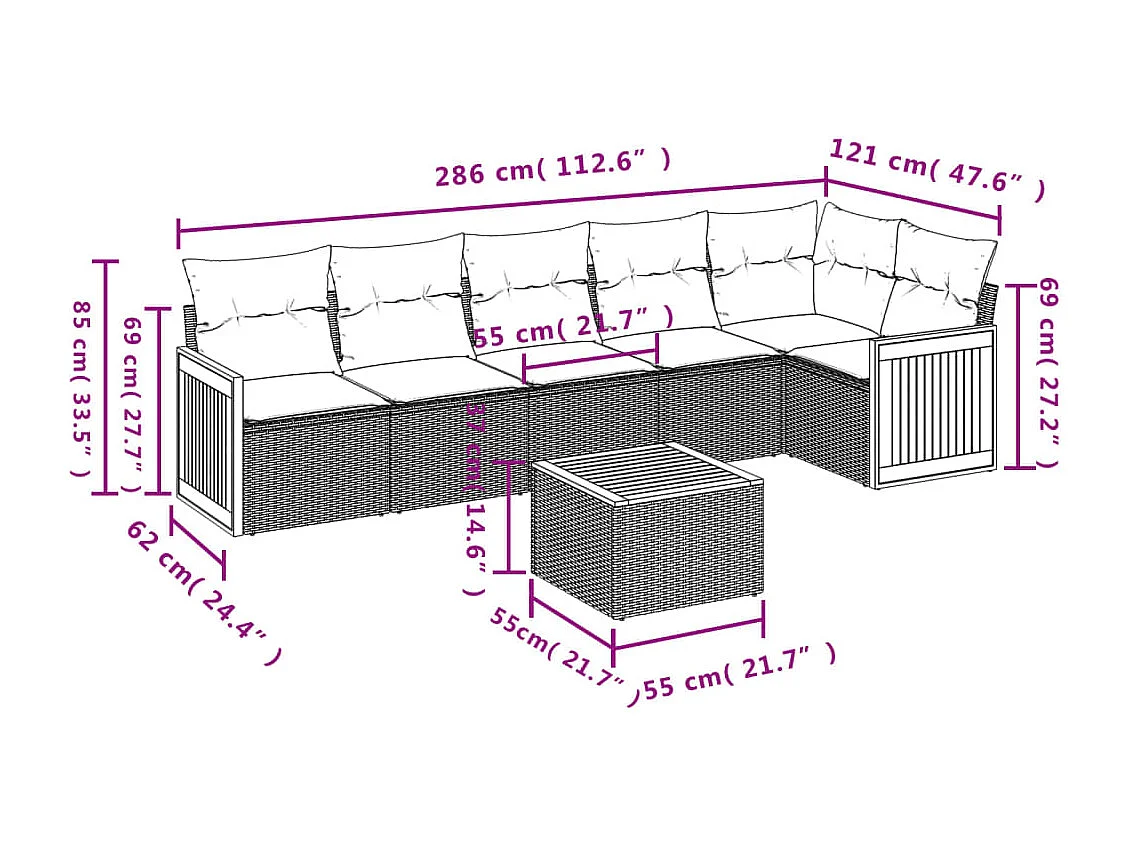 Salon de jardin avec coussins 7 pcs gris résine tressée