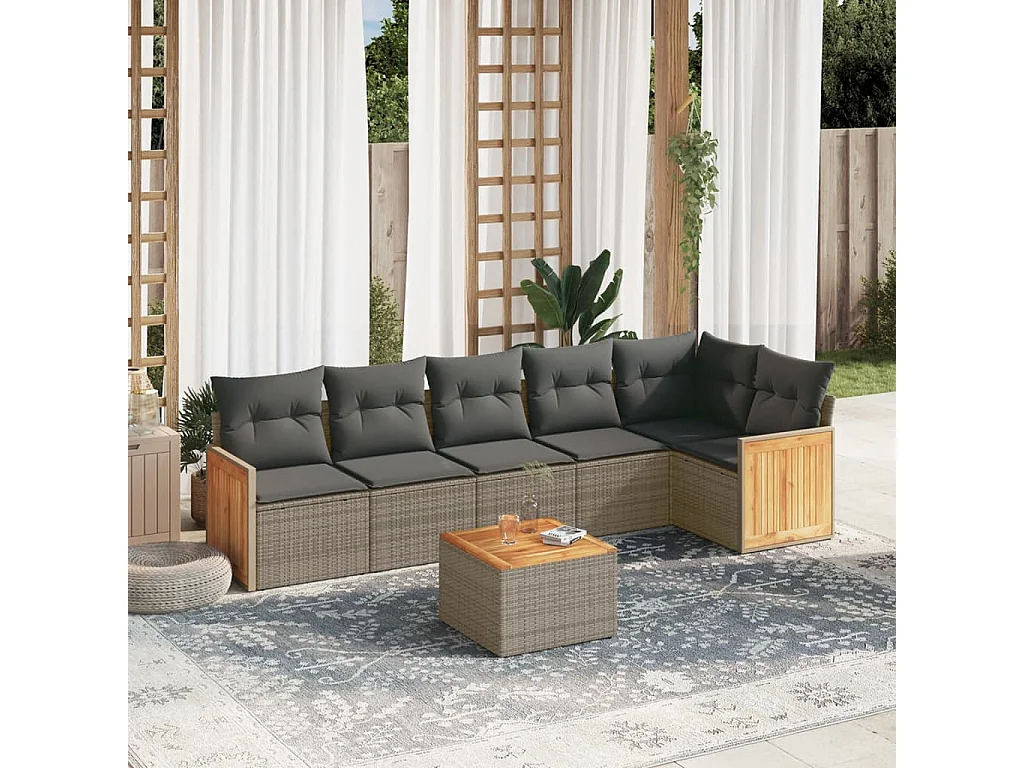 Salon de jardin avec coussins 7 pcs gris résine tressée