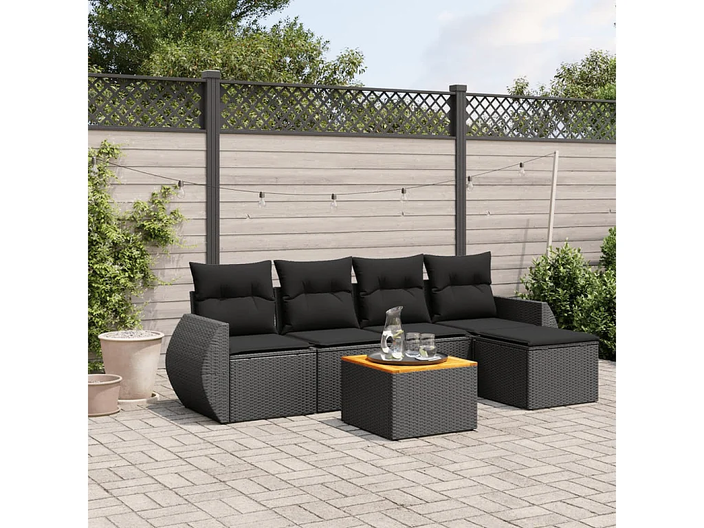 Salon de jardin 6 pcs avec coussins noir résine tressée