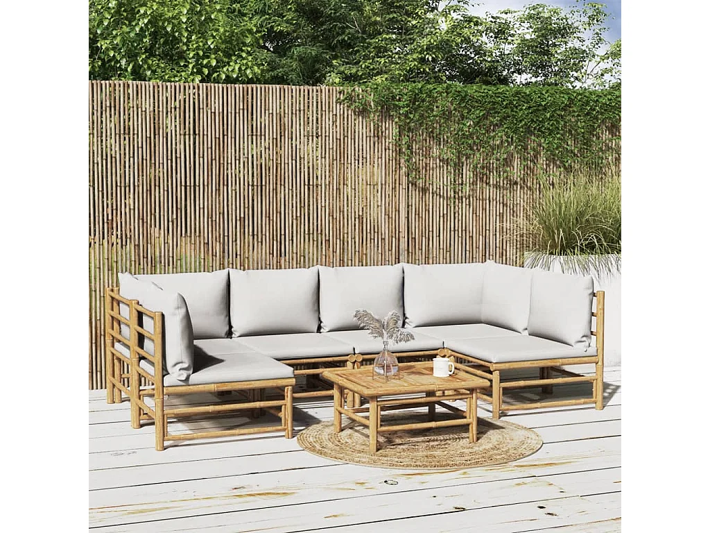 Salon de jardin 7 pcs avec coussins gris clair bambou