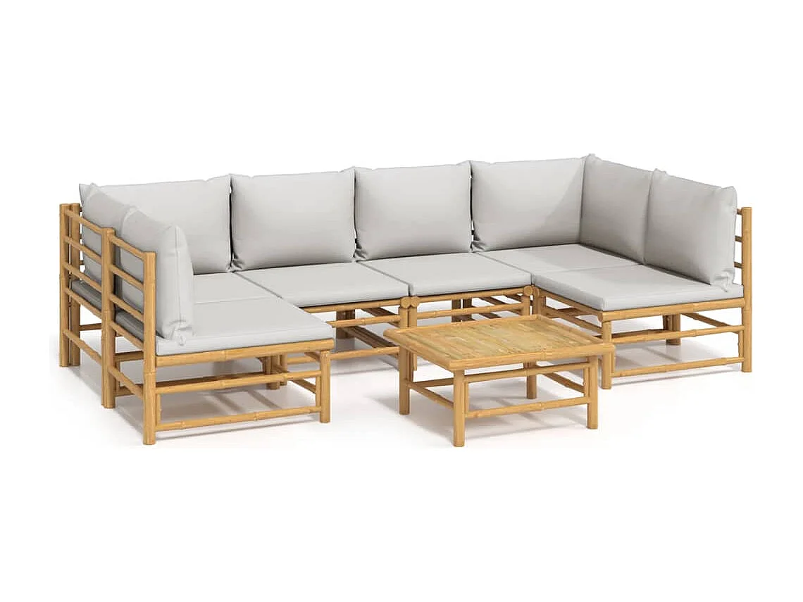 Salon de jardin 7 pcs avec coussins gris clair bambou