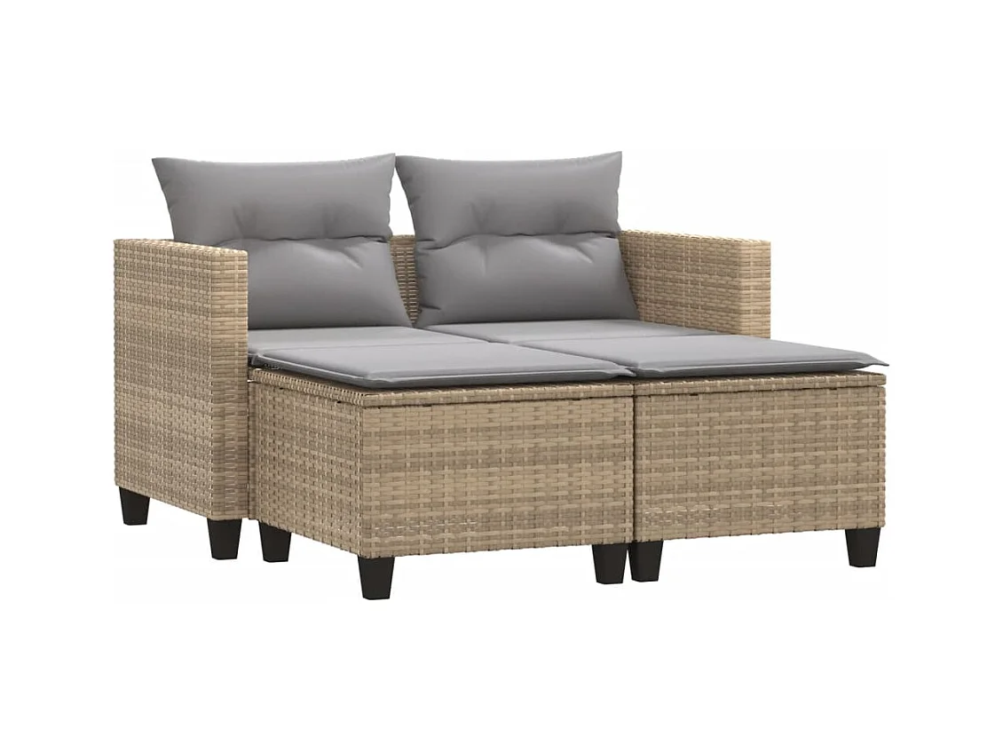 Canapé de jardin 2 places avec tabourets beige résine tressée