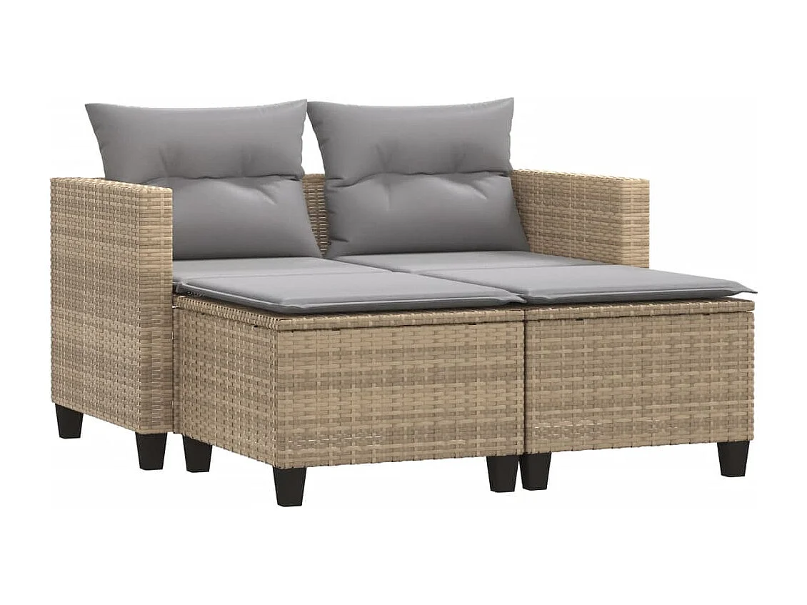 Canapé de jardin 2 places avec tabourets beige résine tressée