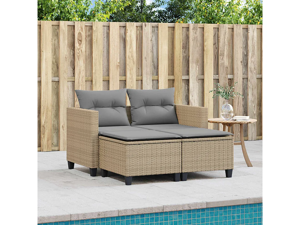 Canapé de jardin 2 places avec tabourets beige résine tressée