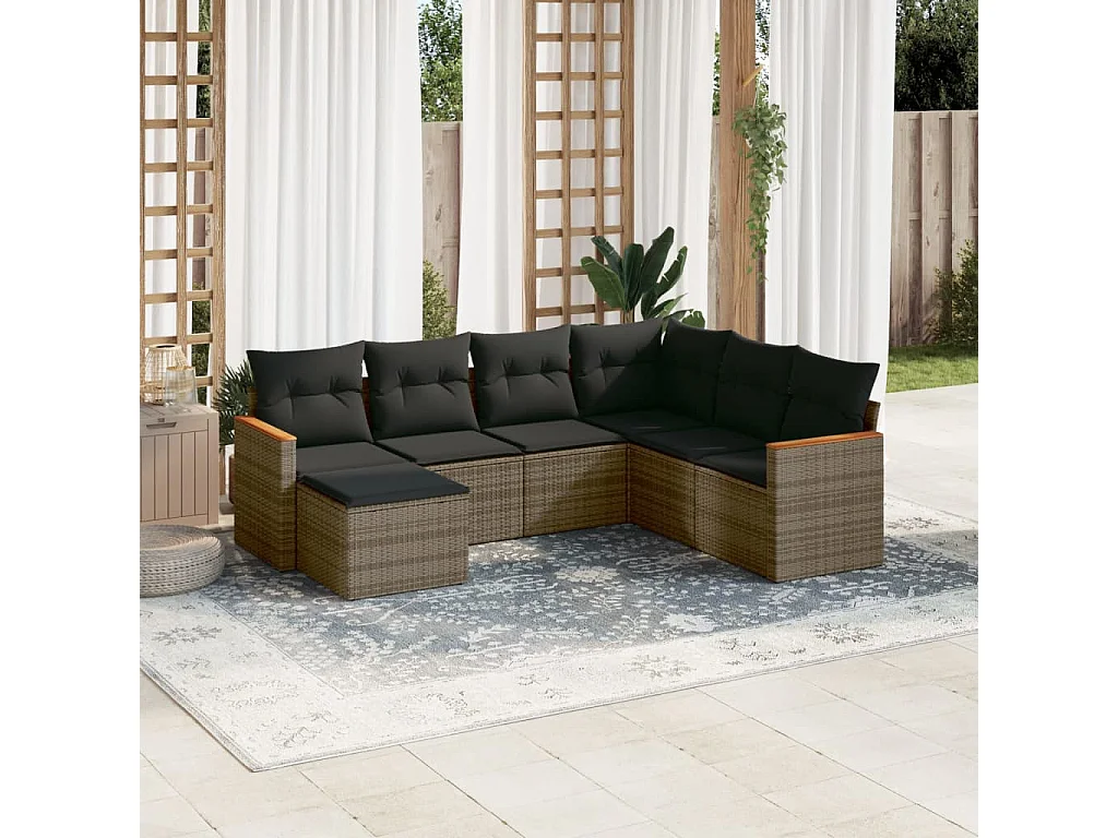 Salon de jardin avec coussins 7 pcs gris résine tressée