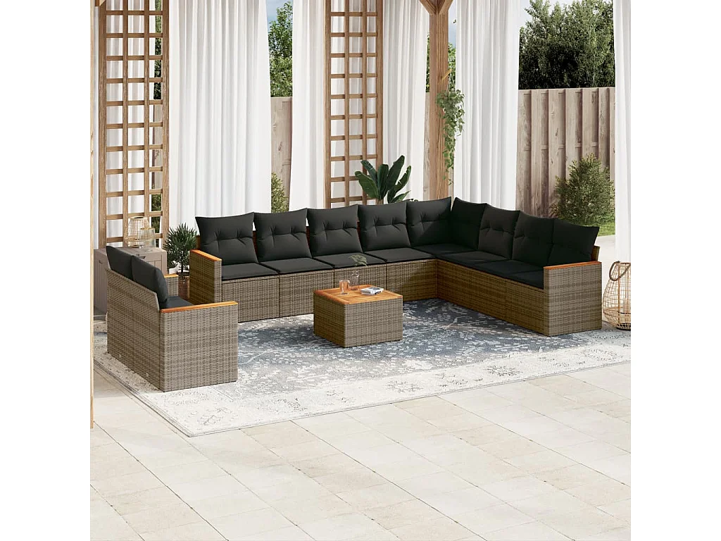Salon de jardin 11 pcs avec coussins gris résine tressée