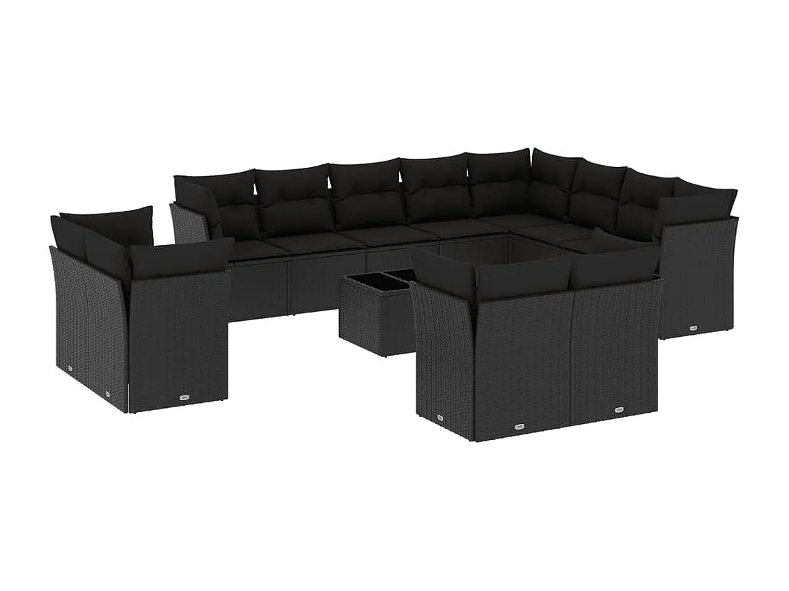 Salon de jardin avec coussins 13 pcs noir résine tressée