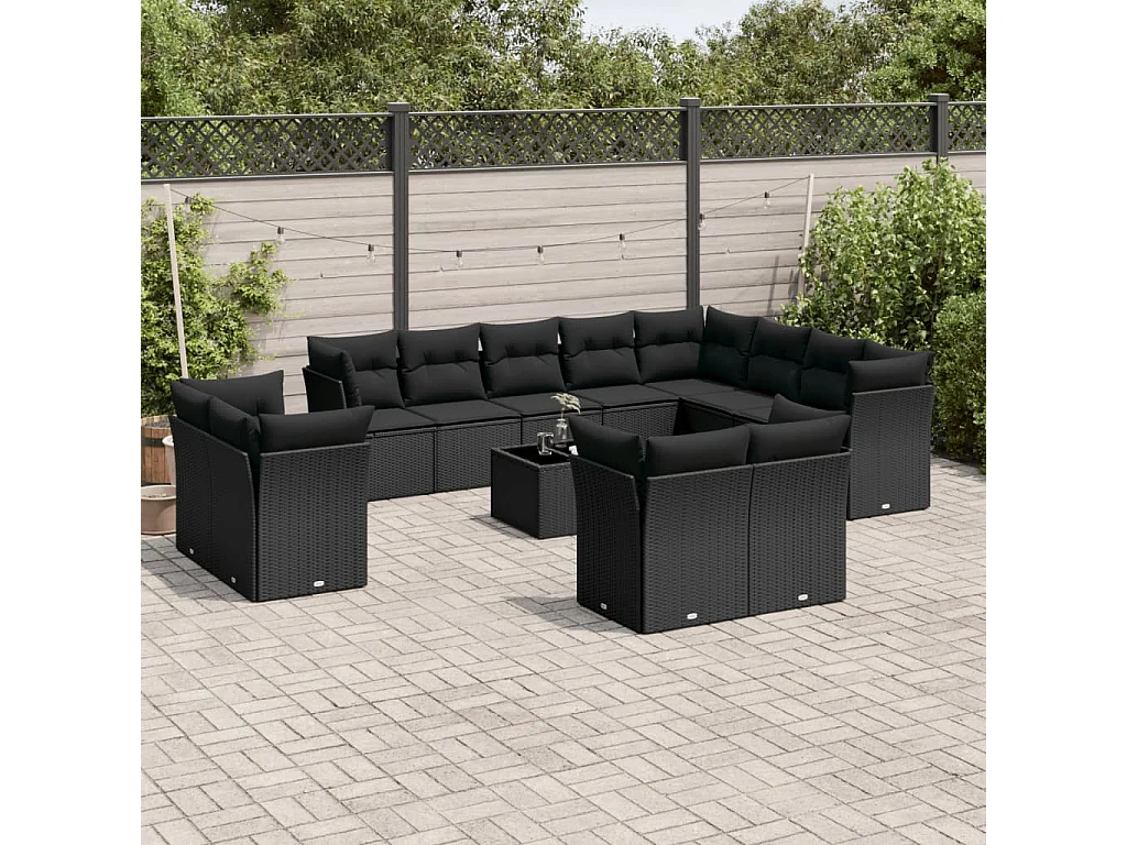 Salon de jardin avec coussins 13 pcs noir résine tressée