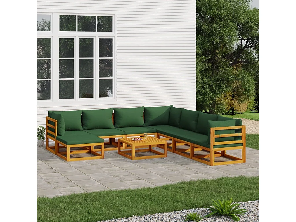 Salon de jardin 9 pcs avec coussins vert bois massif