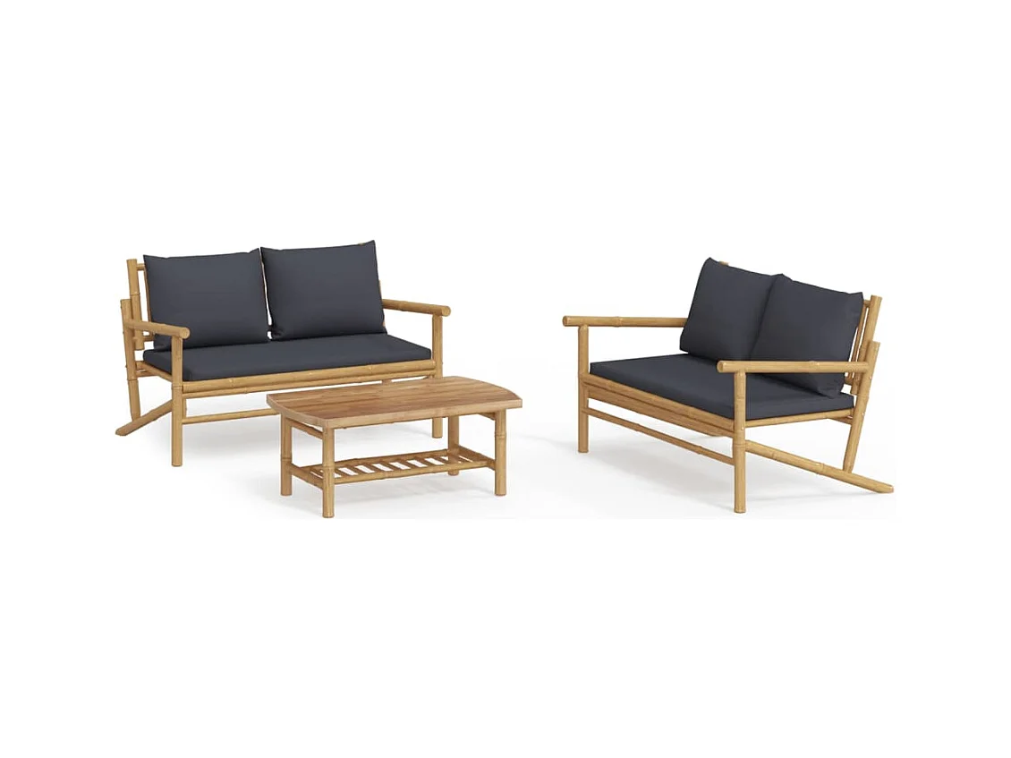 Salon de jardin 3 pcs avec coussins gris foncé bambou
