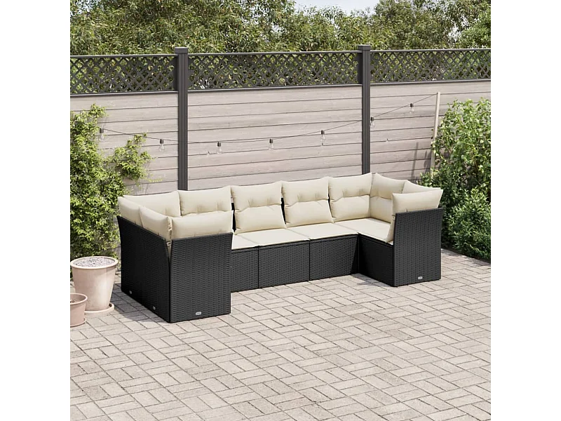 Salon de jardin 7 pcs avec coussins noir résine tressée