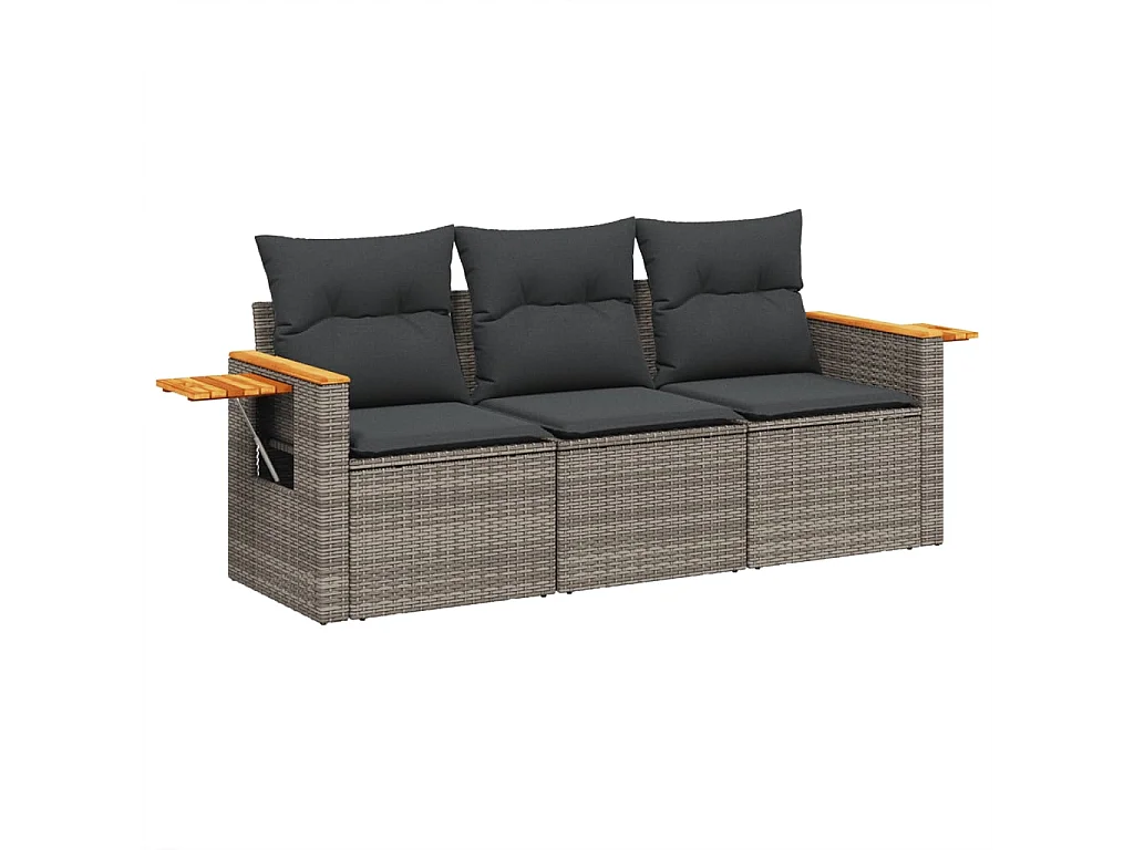 Salon de jardin avec coussins 3 pcs gris résine tressée