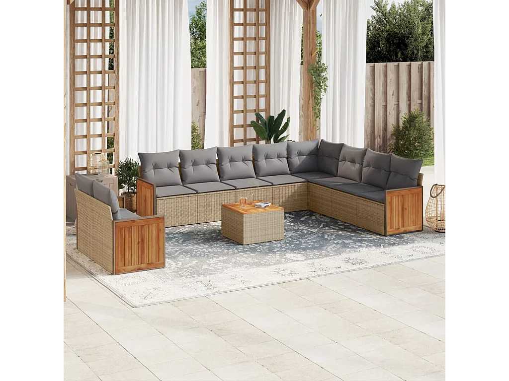Salon de jardin 11 pcs avec coussins beige résine tressée