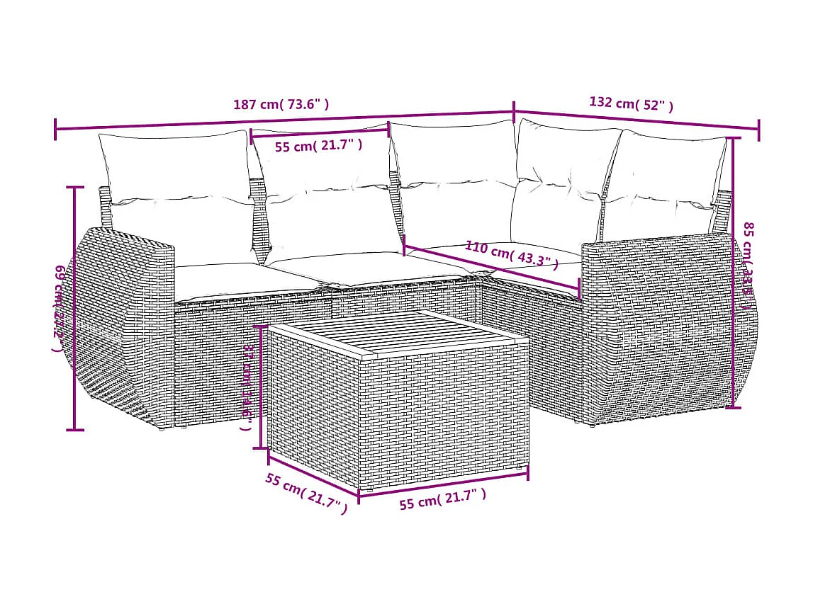 Salon de jardin 5 pcs avec coussins noir résine tressée