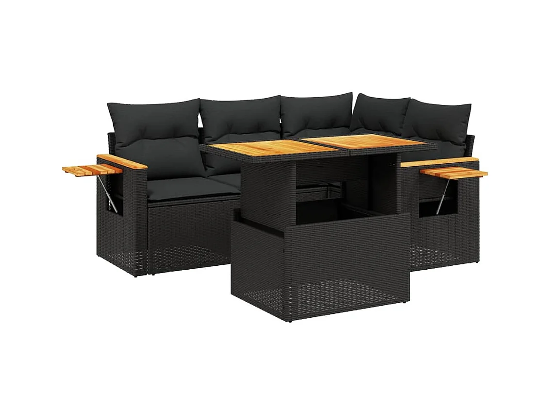Salon de jardin 5 pcs avec coussins noir résine tressée