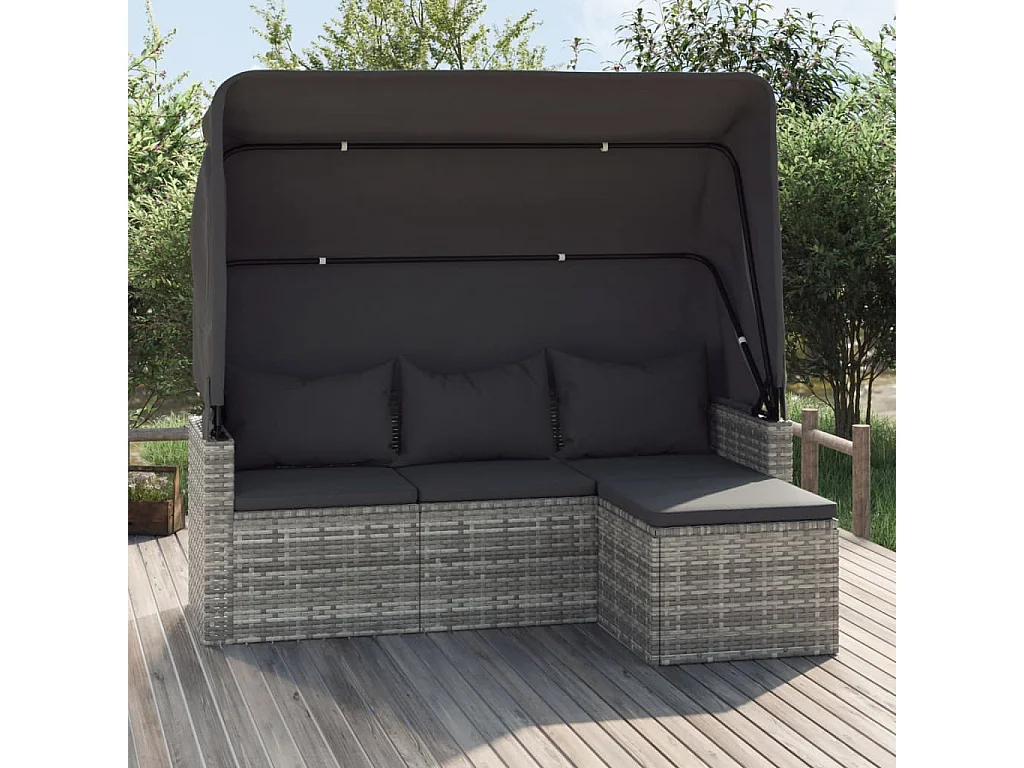 Canapé de jardin 3 places avec toit et repose-pieds Gris