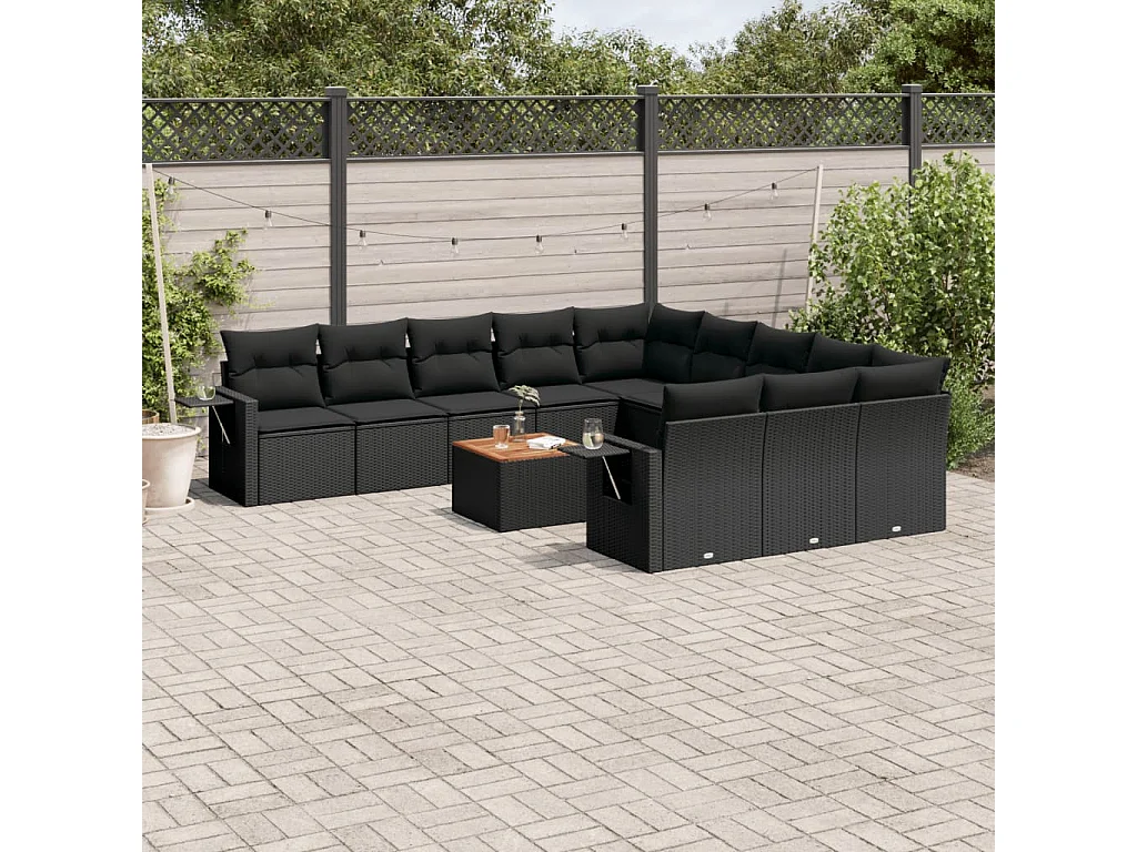 Salon de jardin 12 pcs avec coussins noir résine tressée