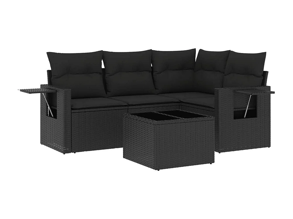 Salon de jardin 5 pcs avec coussins noir résine tressée