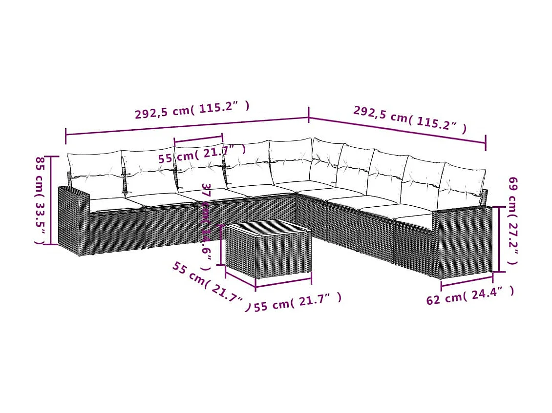 Salon de jardin avec coussins 10 pcs beige résine tressée