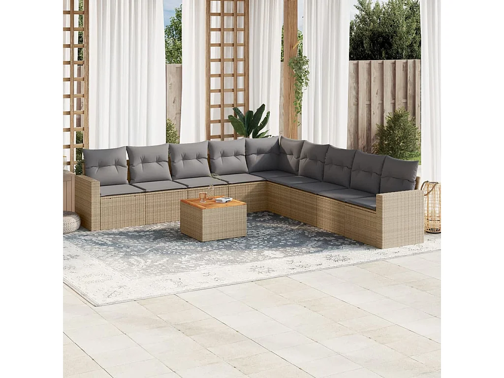 Salon de jardin avec coussins 10 pcs beige résine tressée