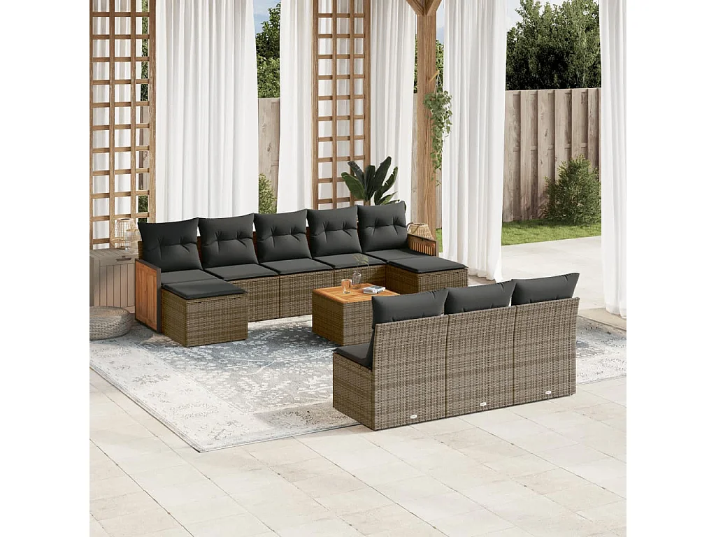 Salon de jardin 11 pcs avec coussins gris résine tressée