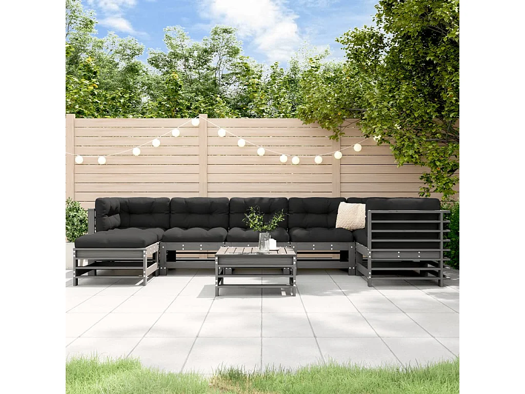 Salon de jardin 8 pcs avec coussins gris bois massif
