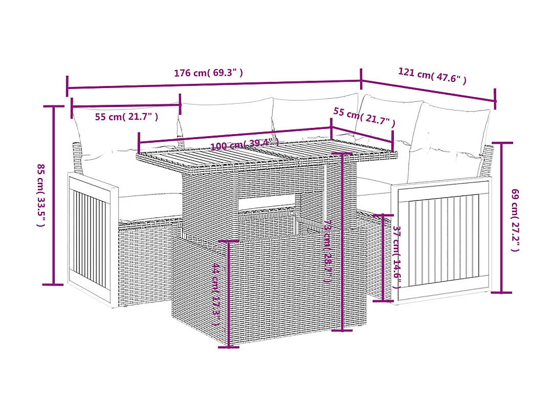 Salon de jardin 5 pcs avec coussins noir résine tressée