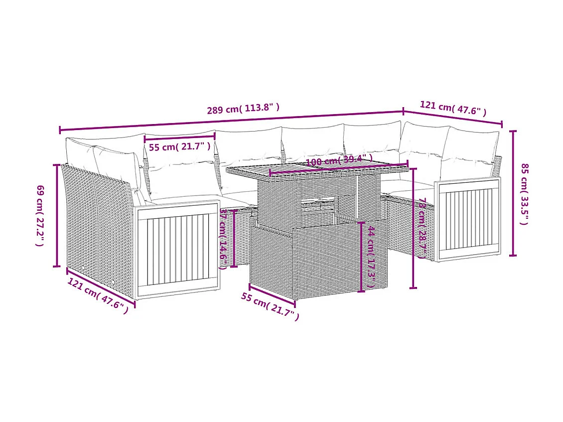 Salon de jardin 7 pcs avec coussins noir résine tressée