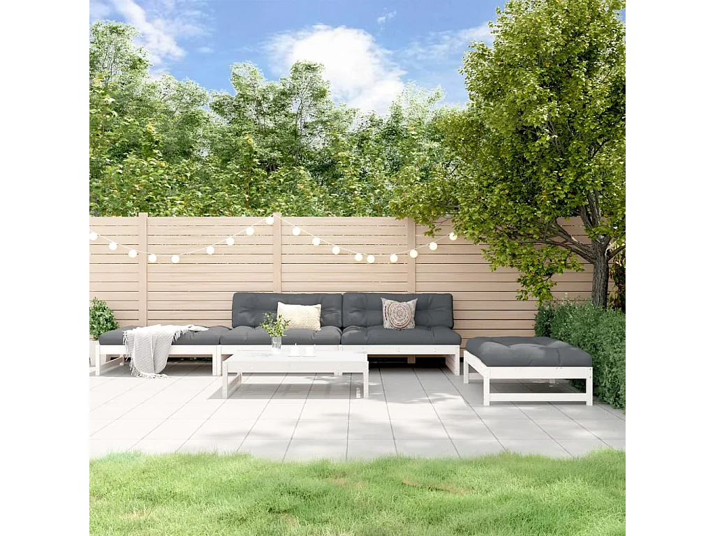 Salon de jardin 5 pcs blanc bois massif de pin