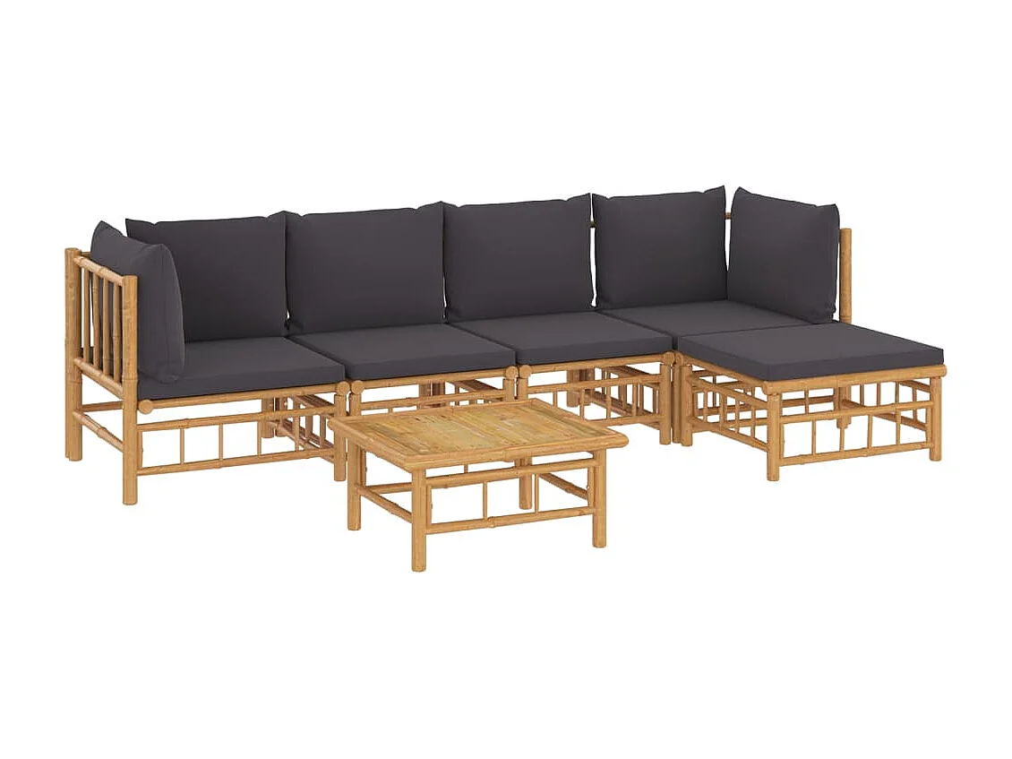 Salon de jardin 6 pcs avec coussins gris foncé bambou